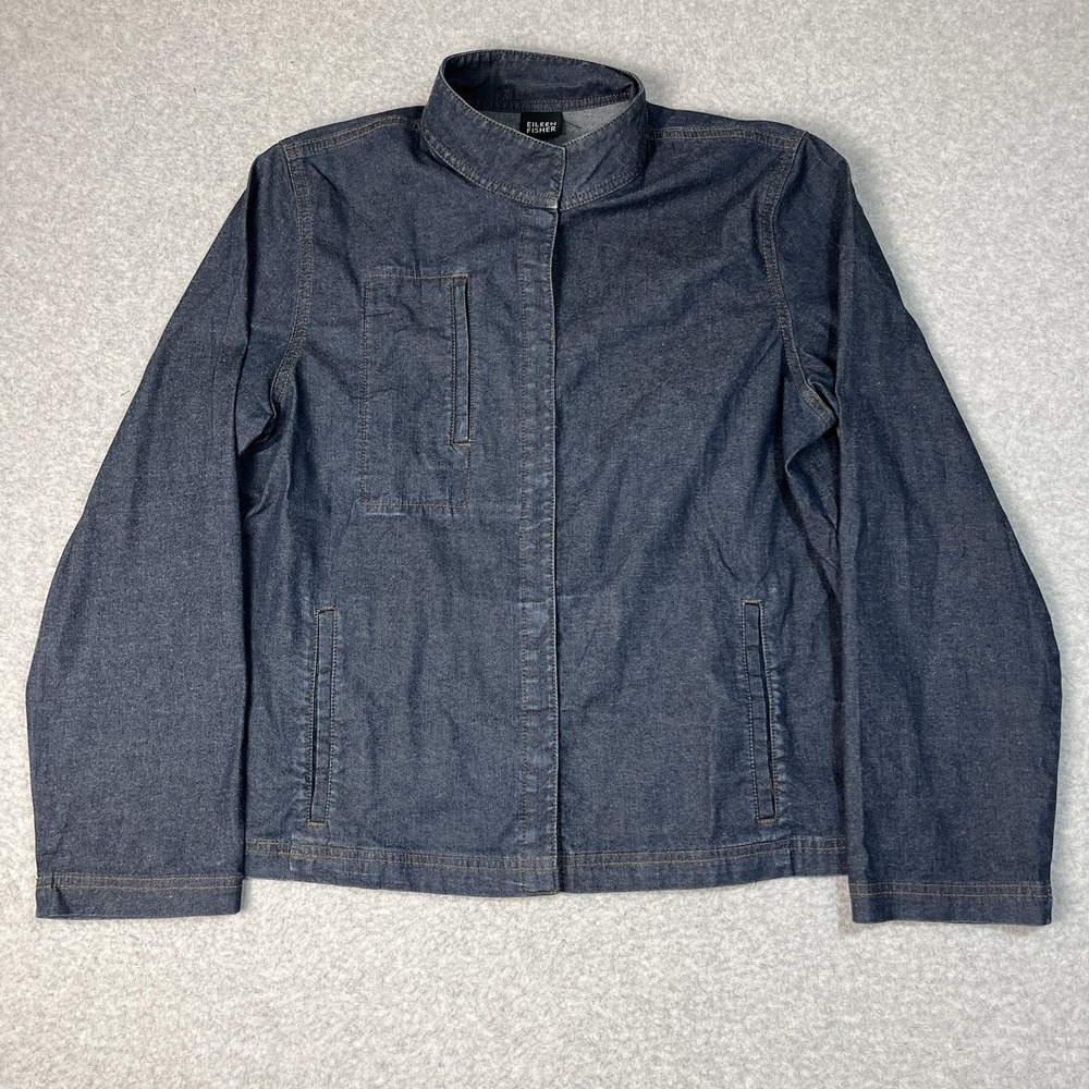 Eileen Fisher Jacket Womens Large Blue Denim Snap Mandarin Collar Dark Cotton